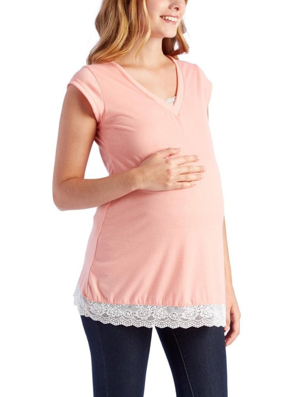 2/$26 💥🆕 Dynabelly Coral Lace Maternity V-Neck SS Tee | Size XLarge | 5672